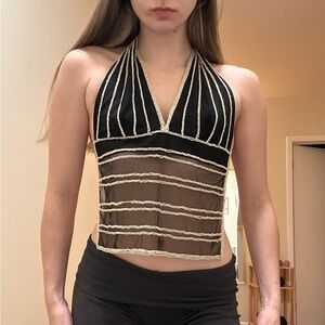 vintage charlotte russe Elegant Black and sliver beaded Halter Top